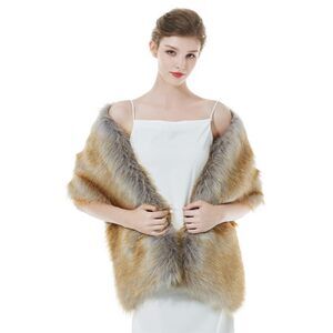 6444 Faux Fur Shawl Wrap For Wedding Women Shrug Bridal Stole Winter Cover